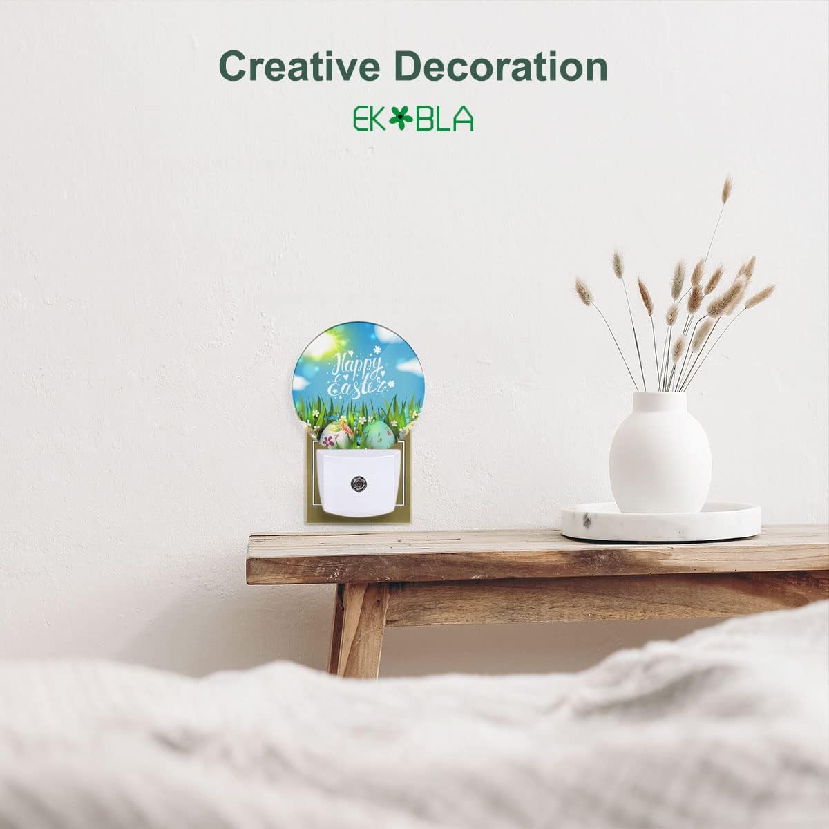 EKOBLA Easter Night Lights Plug into Wall Easter Colorful Eggs on Green Grass LED Dusk to Dawn Plug-in Nightlights Auto Sensor for Men Women Boys Girls