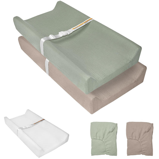 Muslin Baby Changing Pad, 2 Pack Muslin Soft Cotton Covers & Waterproof Lining Foam Diaper Changing Table Pad 32" x 16.6" Mat for Dressers & Table