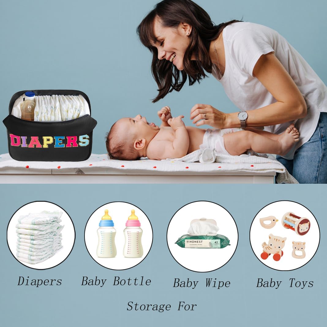 Chenille Letter Insulated Diaper Caddy Bag, Small Diaper Bag Organizer Pouch for Nursery Changing Table, New Born Baby Essential Storage Bag Diaper Pail Baby Shower Gifts for Mom To Be (Black)