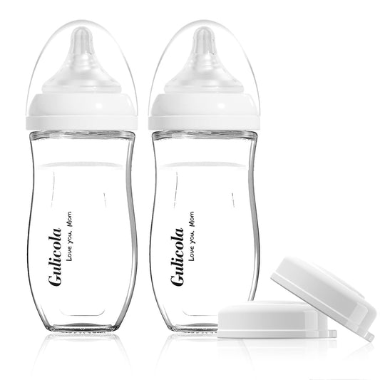 Gulicola Natural Glass Baby Bottle for Breastfed Babies, Anti-Colic Baby Bottle Set with Medium Flow Nipple, 3 Months +, 8 oz, 2 Pack - White