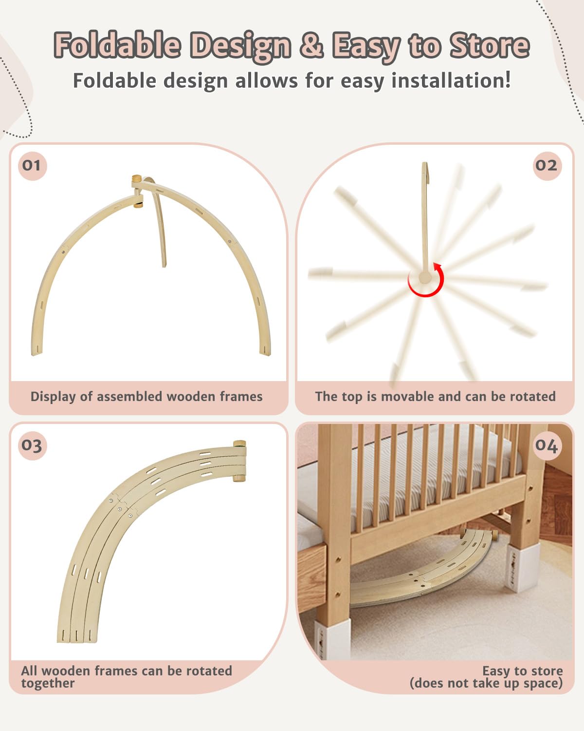 Baby Play Mat Activity Gym,6 Developmental Zones Tummy Time Mat, Foldable Wooden Baby Play Gym with 7 Detachable Sensory Toys for Newborn Brain Development, Essential Baby Shower Set
