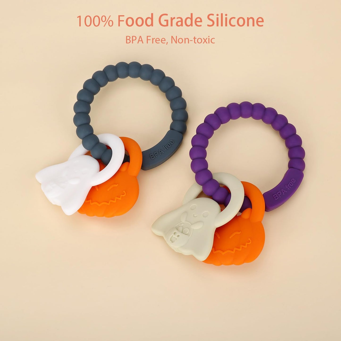 Silicone Teething Ring Toy, Halloween Baby Teether Toys with Rattles Pumpkin and Ghost, Sensory Chew Toys for Babies 3-6-12 Months to Soothe Sore Gums,Dark Grey