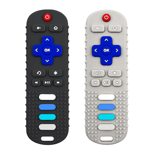 Baby Teething Toys, Food Grade Silicone Teether for Babies 3 6 12 18 Months, TV Remote Shape Toddlers Chew Toys, Freezer BPA Free (Black+Beige)