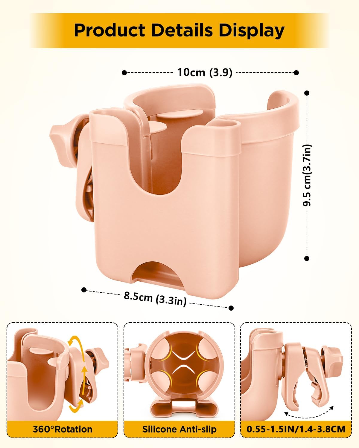 Universal Stroller Cup Holder with Mobile Phone Case, 2-in-1 Strollers Storage Rack, 360 Degrees Rotation Drink Holder for Bike, Pushchair, Wheelchair, Walker,Bicycle, Fits Most Cups (Pink)