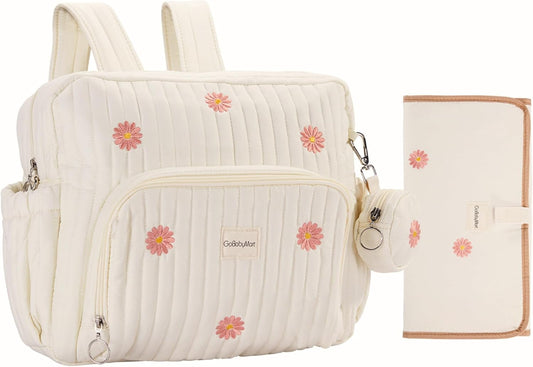 Diaper Bag Backpack, Medium Maternity baby bag & Changing Pad, Insulated Pockets, Stroller Straps & Pacifier Case (Medium - Beige Flowers)