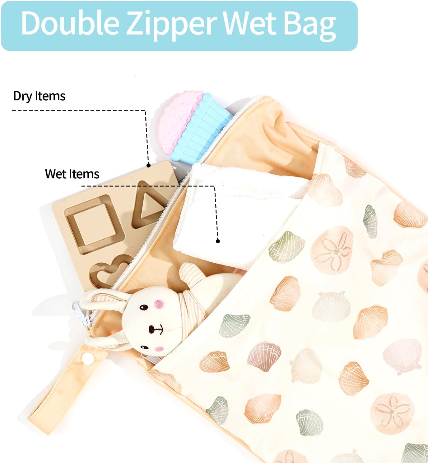 2pcs Wet Bags Waterproof Reusable Wet Dry Bag with Two Zippered Pockets Travel Beach Pool Daycare Yoga Gym Bag for Baby Cloth Diaper,Swimsuits,Wet Clothes (Shells & Starfish)