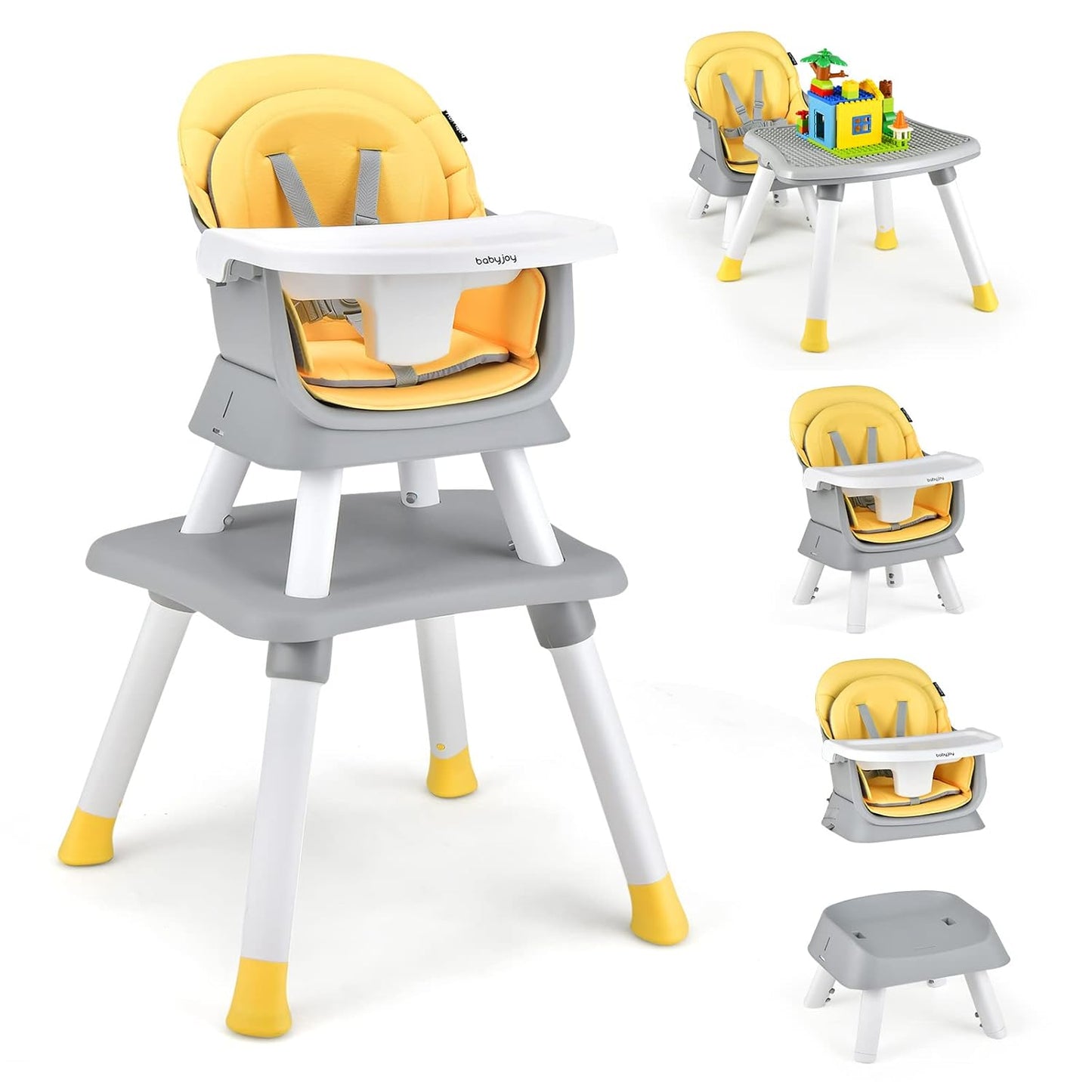 BABY JOY Baby High Chair, 8 in 1 Convertible Highchair for Babies & Toddlers | Booster Seat | Table and Chair Set | Building Block Table | Toddler Chair with Safety Harness, Removable Tray (Yellow)