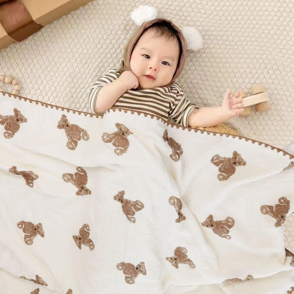 Baby Blanket Double Layer Cotton Muslin Thick Quilt Neutral 40x40Inch Soft Throw Blanket Bear Pattern