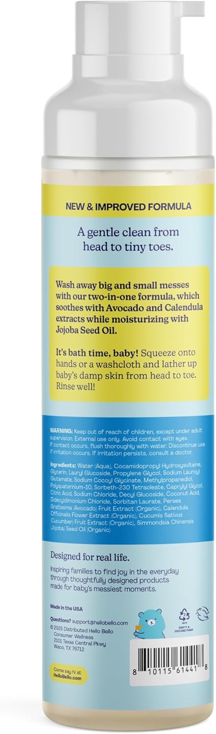Hello Bello Ultra-Hydrating Baby Shampoo & Body Wash, Fragrance-Free, Tear Free & Safe for Sensitive Skin, Dermatologist Tested & Pediatrician Approved, 10oz Bottle
