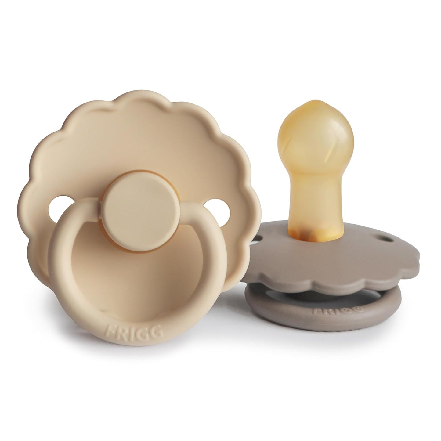 FRIGG Daisy Natural Rubber Baby Pacifier | Made in Denmark | BPA-Free (Croissant/Portobello, 0-6 Months) 2-Pack