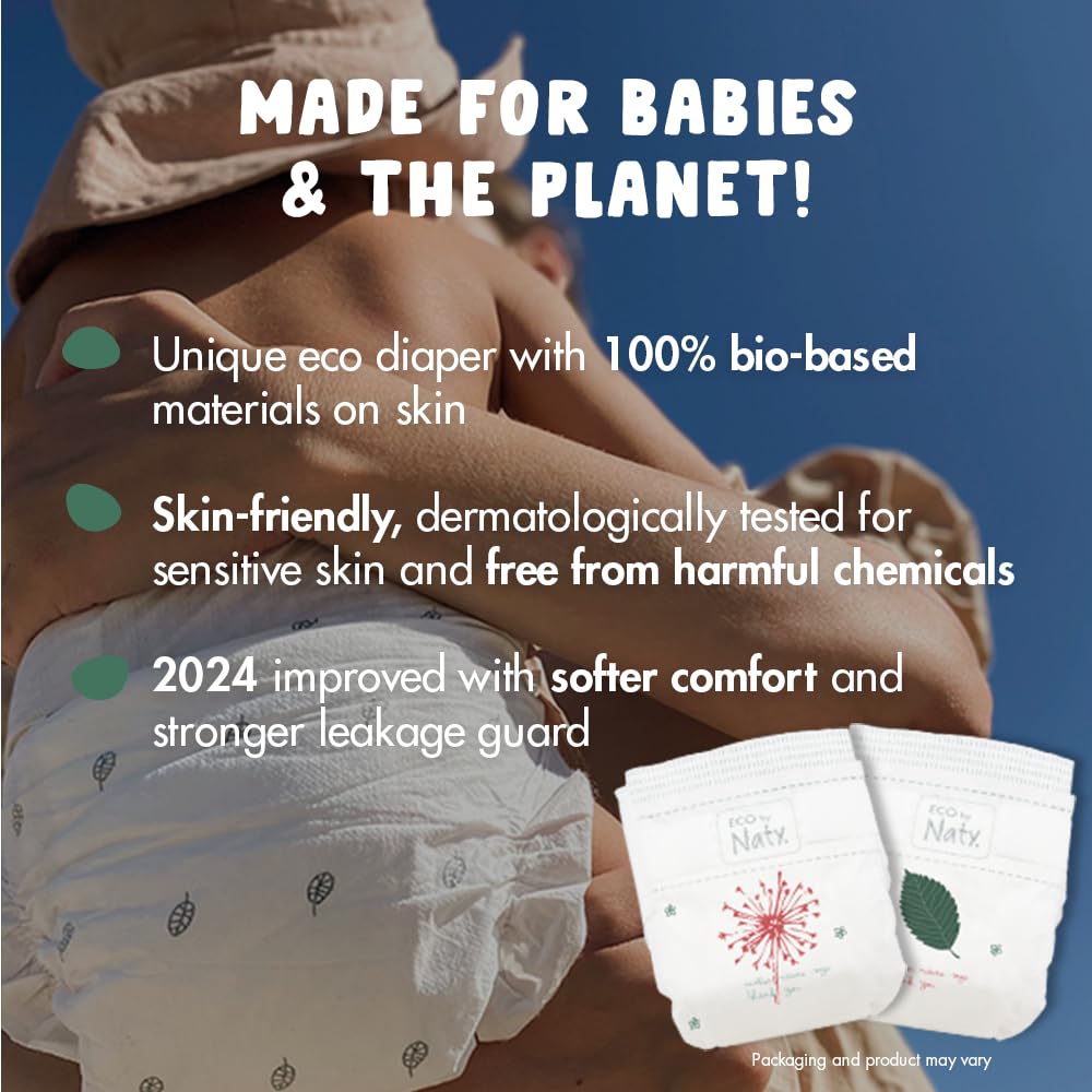 Eco by Naty Eco-Friendly Baby Diapers - 100% Plant-Based Materials on Skin, Soft, for Sensitive Skin & Super Absorbent (Size 3, 180 Count)
