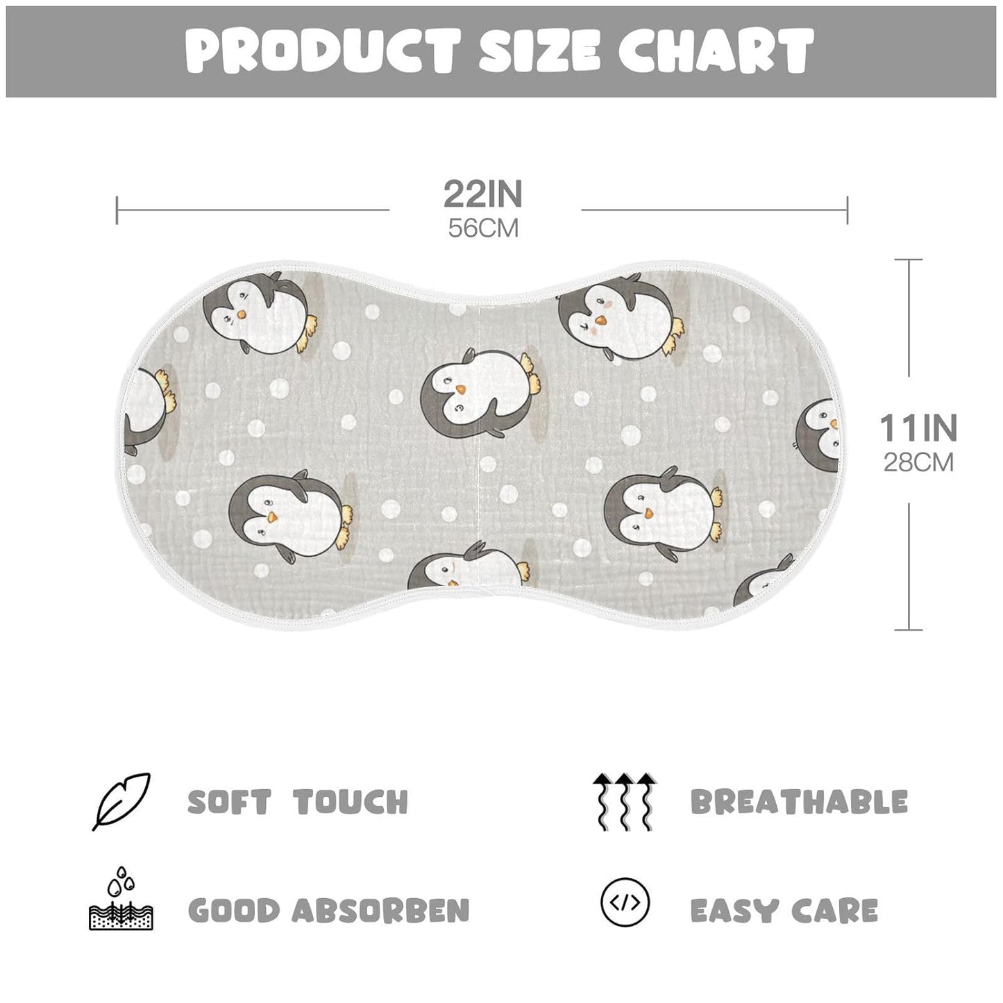 Kigai Cute Cartoon Penguin Muslin Baby Burp Cloths, Large Absorbent Cotton Muslin Burp Cloths Set of 1, Washcloths, Face Towel, Bibs for Newborn Boys Girls, 11 x22 Inch