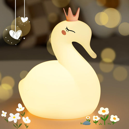Silicone Night Light for Kids – Rechargeable Tap Control Lamp with 8 Colors, Cute Animal Design for Nursery, Toddler Room Decor, Gifts for Girls and Boys (Swan)