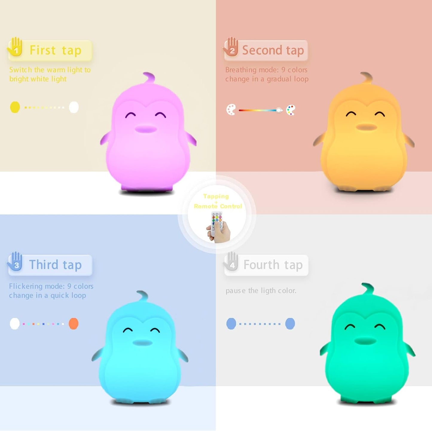 WHA&DARREN Penguin Night Light for Kids, Portable, Rechargeable Silicone Baby Night Light, Girls and Boys Animal Lamp, Kawaii Lamp