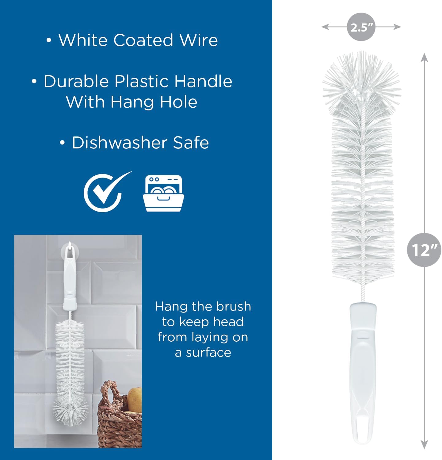 LOLA Bottle Brush Cleaner, 6 Pack, Durable Fiber Bristles Around Twisted Wire with Gripper Handle & Storage Hang Hole, Dishwasher Safe