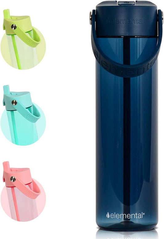 Elemental Splash Water Bottle with Straw - BPA-Free Tritan Plastic Reusable Water Bottle with Strap - Ideal for Travel, Gym and Sports - Leak Proof when Spout is Closed - 26oz - Navy Blue