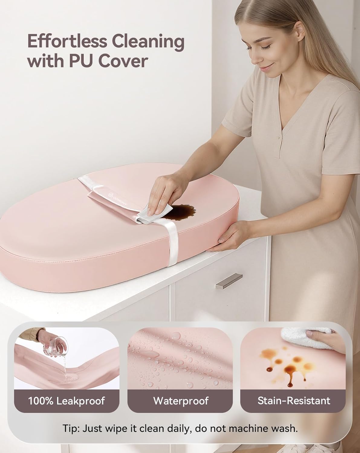 COMOMY Baby Changing Pad with Wipeable & Waterproof PU Cover, Contoured Diaper Changing Pad for Dresser with Non-Slip Safety Belt, Portable and Lightweight, Large Cushioned Foam, Pink