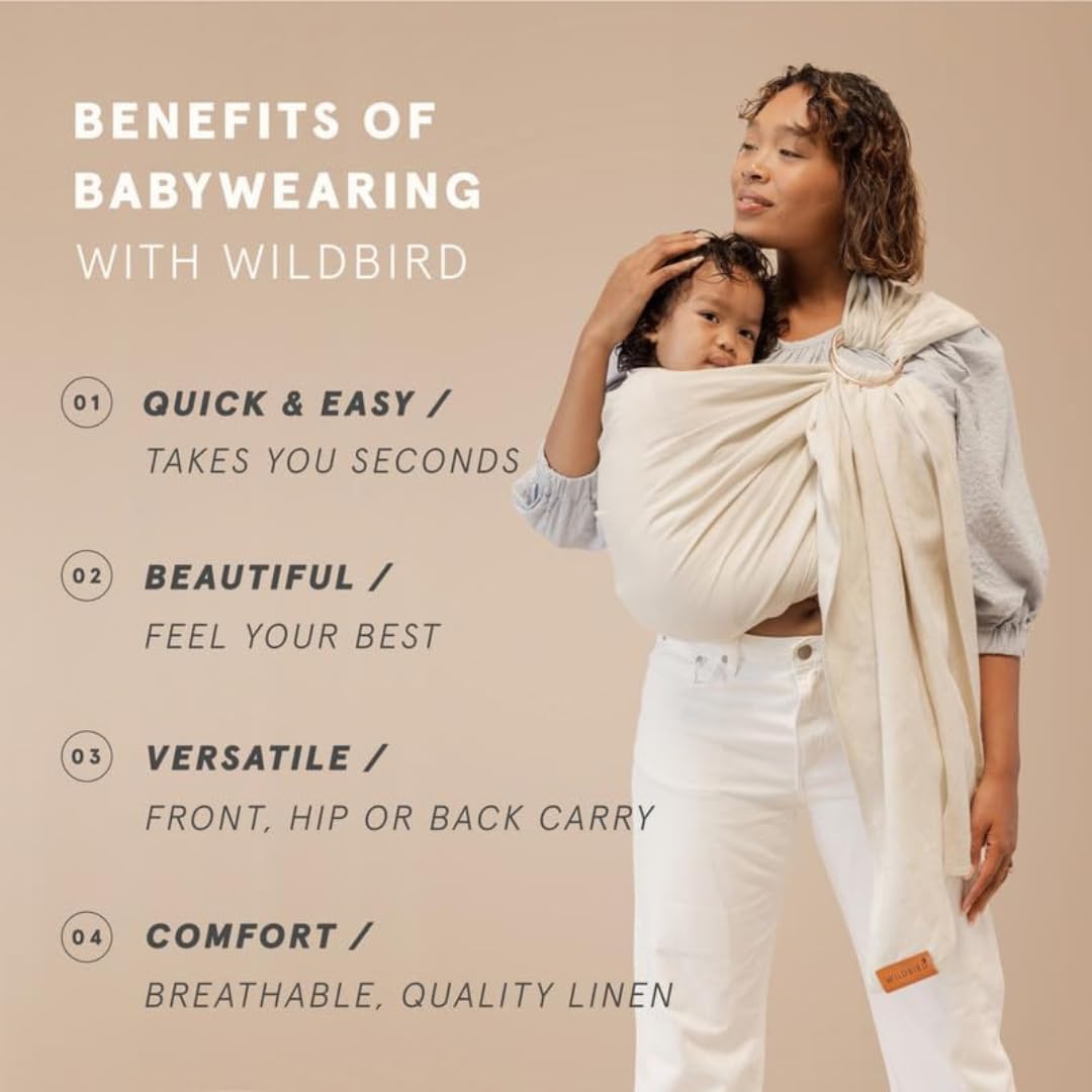 WildBird - Ring Sling Baby Carrier - Newborn to Up to 35 lbs - for Moms, Dads & Caregivers - 100% Natural European Linen Fibers - Versatile & Adjustable - 90” Size - Sparrow Fabric & Rose Gold Ring