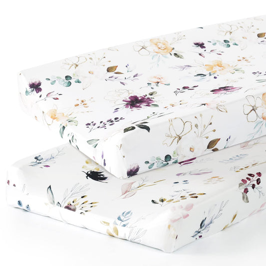 GRSSDER Stretch Ultra Soft Jersey Knit Changing Pad Cover Set 2 Pack,Change Table Pad Covers Fit 32"/34" x 16" Pads Safe and Snug,Watercolor Pretty Purple Flora for Girls