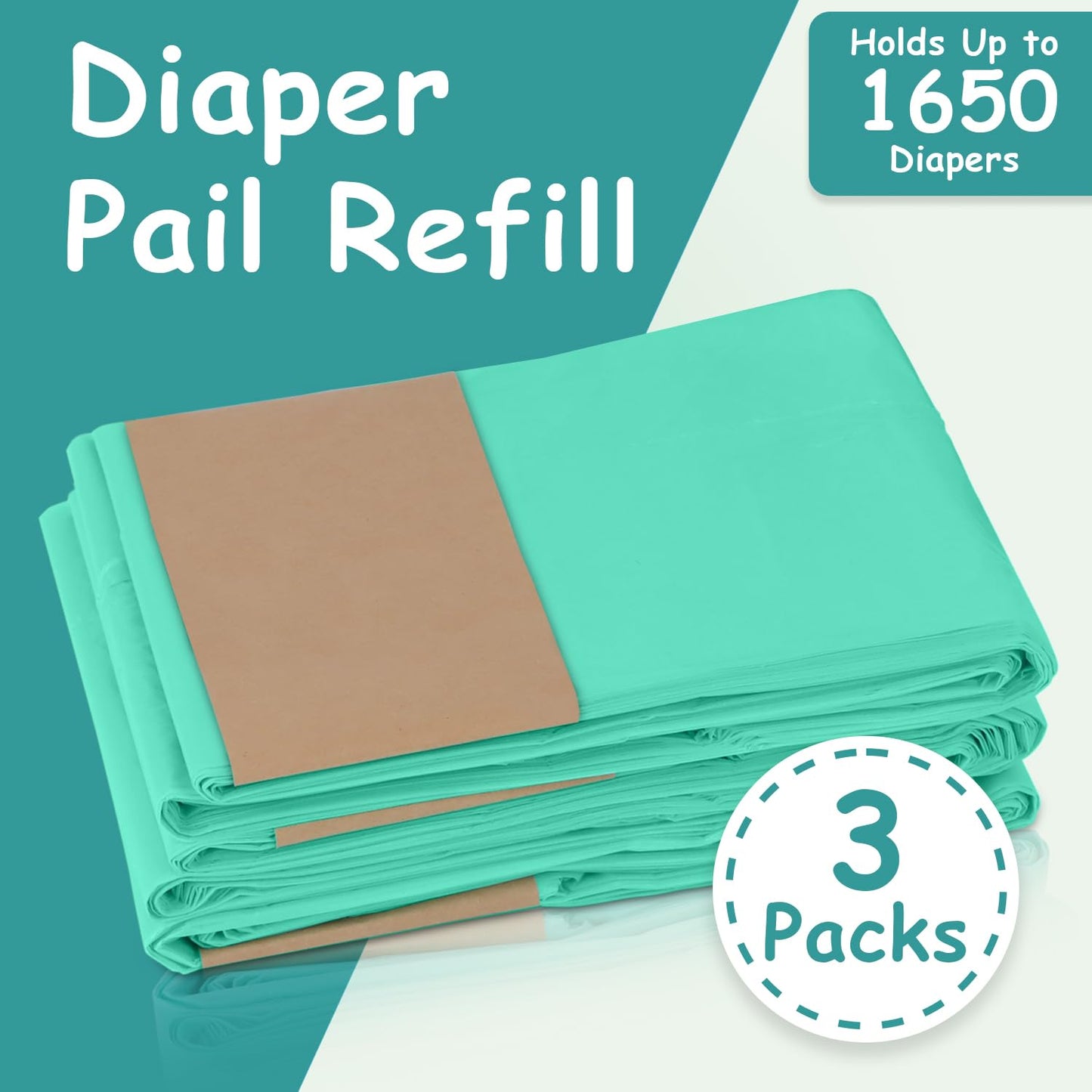 Refill Diaper Pail Bags Compatible with Dekor Classic Diaper Pails | 3 Pack | Diaper Pail Refills with Powerful Odor Elimination | Baby Powder Fragrance | Holds up to 1650 Diapers.