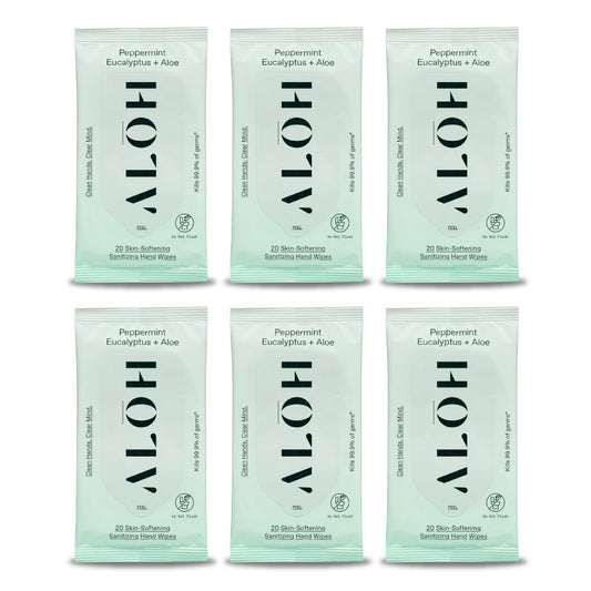 ALŌH Peppermint Eucalyptus Sanitizing Hand Wipes - Clean Hands, Clear Mind On The Go Sanitizer for Kids and Adults - Travel Size 6 packs of 20ct Wipe (120 Wipes)