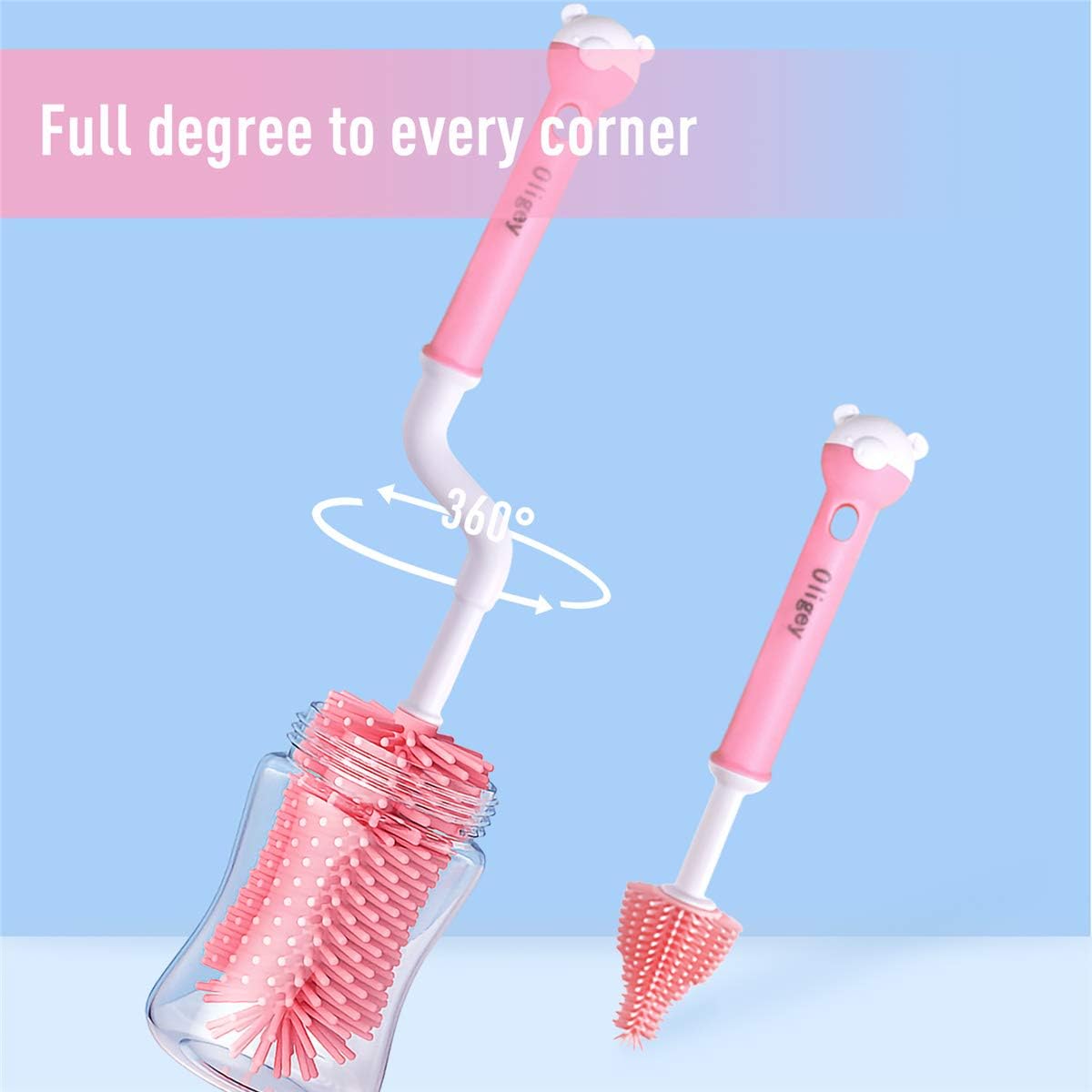 Silicone Baby Bottle Brushes Set Cleans Deep Container Nipple or Straw with Rotation Long Handle,3 in 1 Rubber Cleaning Kits Wash Infant Pacifier Teat Nozzle or Breast Pump by Spinning Handgrip
