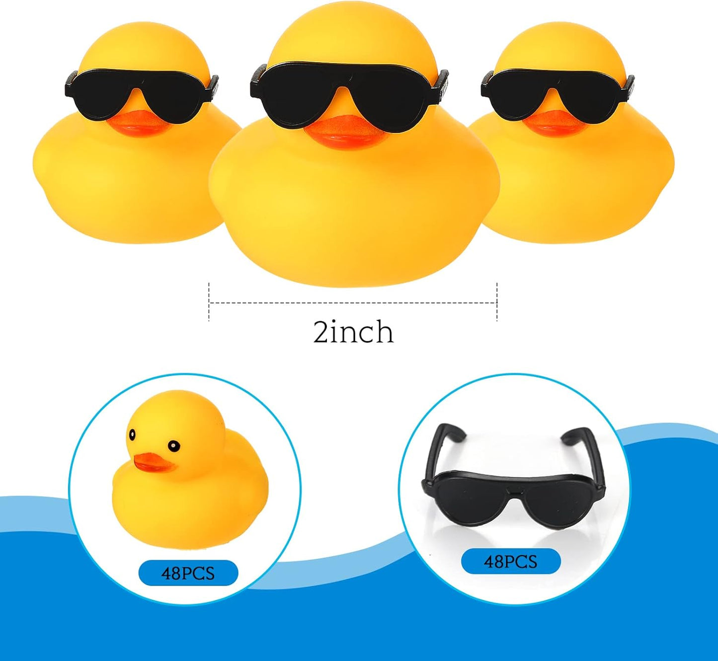 Chivao 48 Pcs Mini Rubber Ducks with Sunglasses in Bulk Small Duck Gift Bathtub Toys for Holiday Cruise Birthday Party Favor(Yellow, Black)