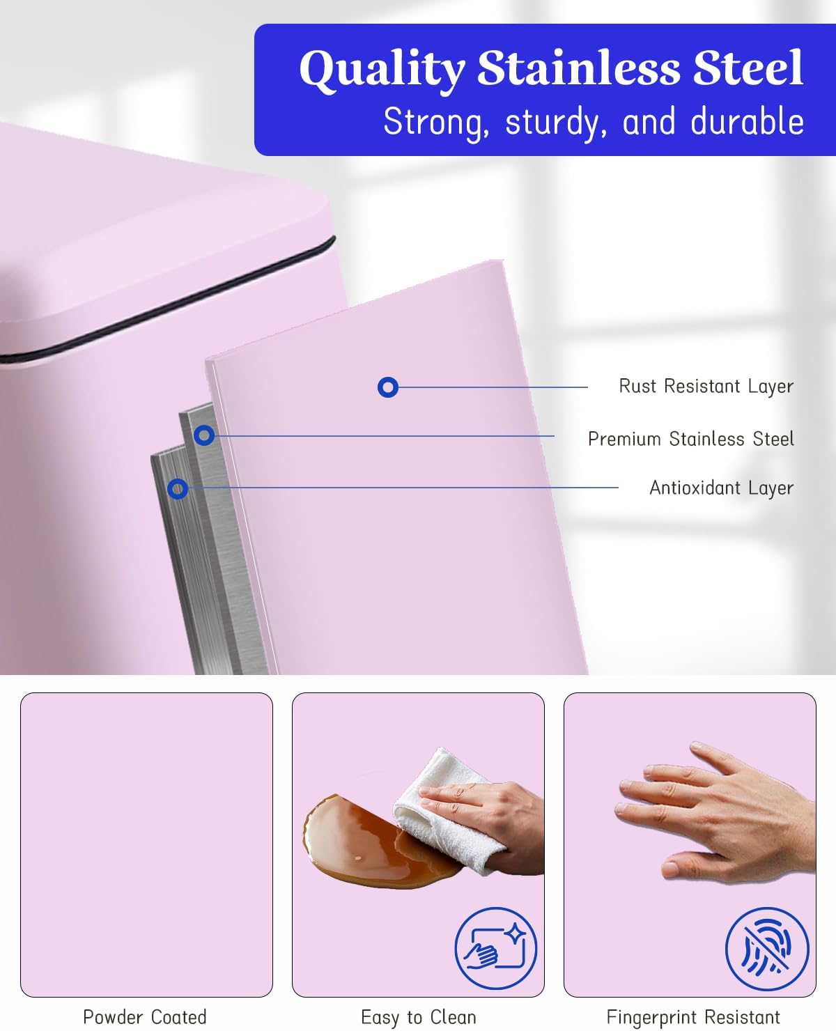 Bathroom Trash Can with Lid, 16.7L/ 4.4 Gallon Trash Can with Removable Inner Bucket, Soft Close lid, Stainless Steel Step Pedal Garbage Can for Bedroom, Kitchen, Home Office, Pink