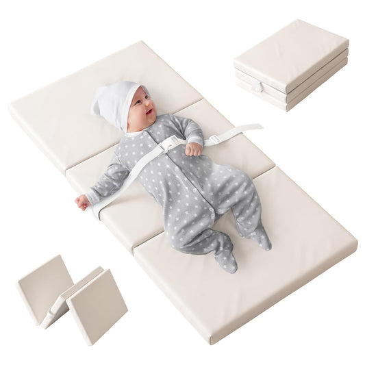 Portable Baby Changing Pad with Vegan Leather Cover, Standard Side Waterproof & Wipeable Changing Pad for Toddler, Flat Foam Travel Diaper Changing Pad for Dresser and Table, White