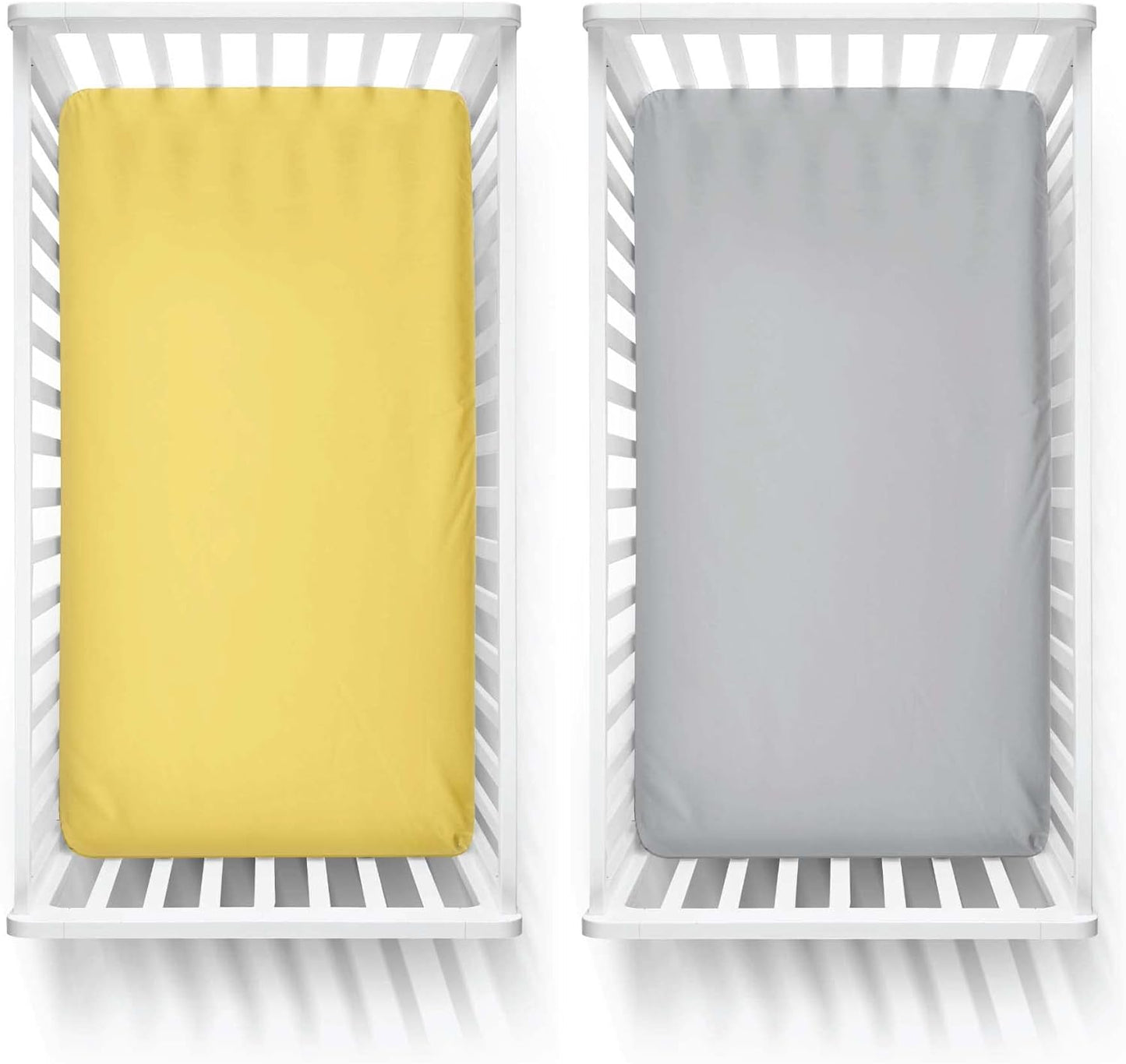 Featherhead™ 2-Pack Fitted Crib Sheets - 100% Cotton - 52" x 28" x 9" for Standard Crib and Toddler Mattress (Percale Grey Yellow)