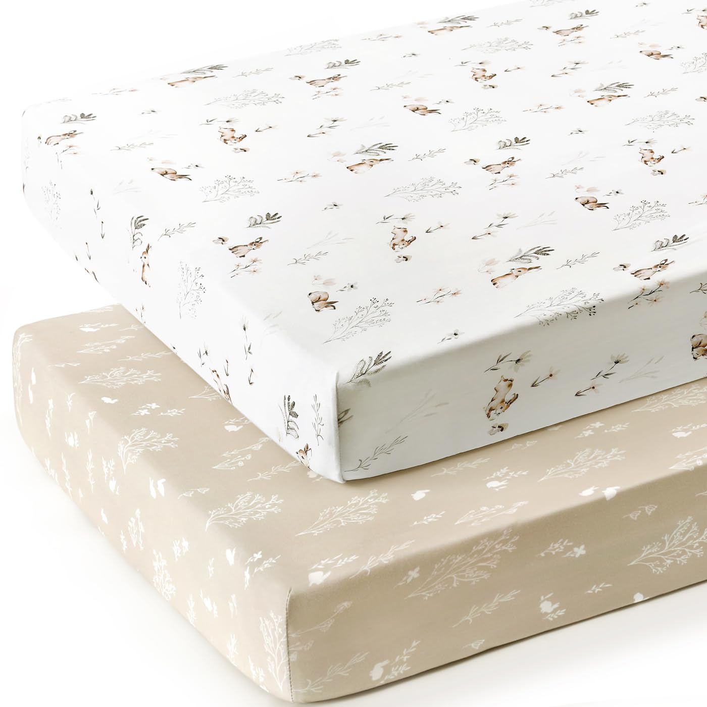 GRSSDER Stretch Ultra Soft Jersey Knit Fitted Crib Sheets Set 2 Pack，Fit All Standard Crib Mattress Pads Safe and Snug, Crib Fitted Sheet for Boys and Girls, Stylish Watercolor Rabbit Pattern