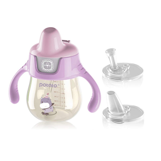 POTATO Sippy Cups For Toddlers with Straw Spill Proof, PPSU Learner Cup with Handle for Girl, Water Bottle for Baby 6 Months with 2 Type of Spout, 6 Ounce Pink