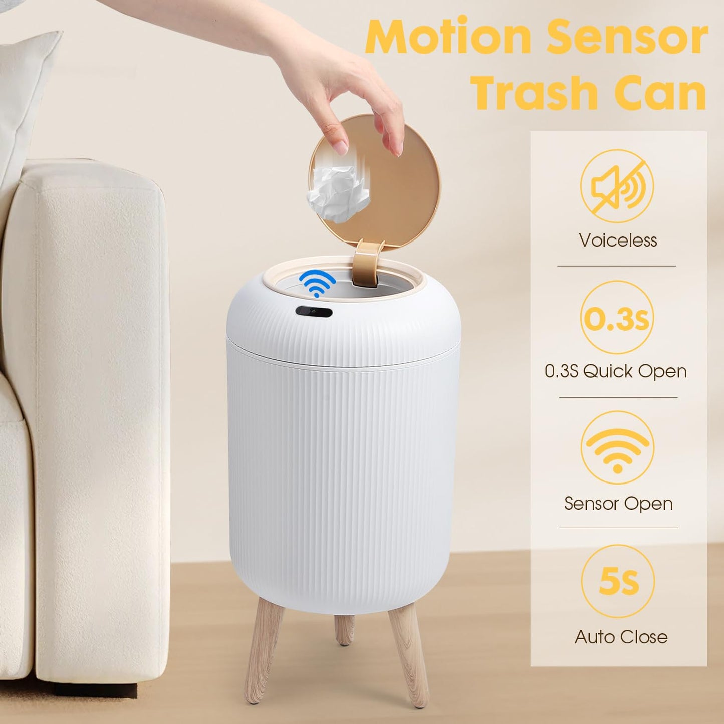 Automatic Motion Sensor Bathroom Trash Can with Lid, 3 Gallon / 11L Touchless Trash Garbage Bin with Removable Legs for Kitchen, Bedroom, Office, Small Trash Cans Trashcan Wastebasket-White