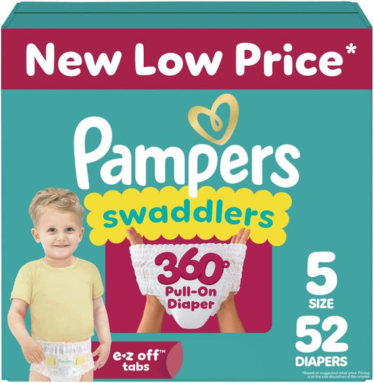Pampers Diapers - Swaddlers 360° - Size 5, 52 Count, up to 100% Leakproof Comfy Dry Fit, Designed for Easy Changes, Pull On Baby Diaper (Packaging May Vary)