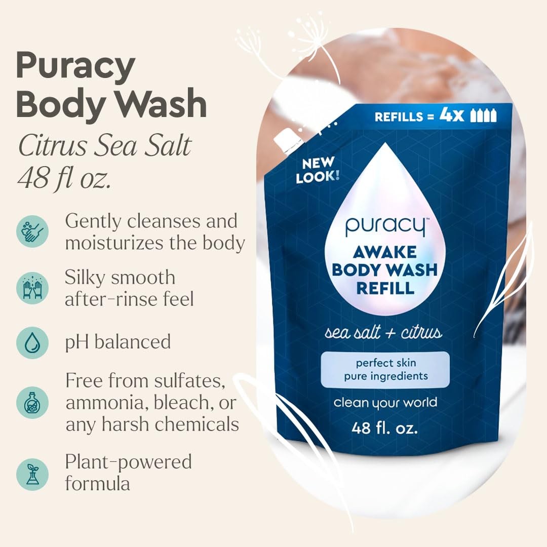 Puracy Body Wash Refill, Natural Body Wash, 98.6% Pure Plant Ingredients, Moisturizing Shower Gel for Women Men Kids, Body Soap for Dry Sensitive Skin Gently Scented with Citrus & Sea Salt, 48 Oz