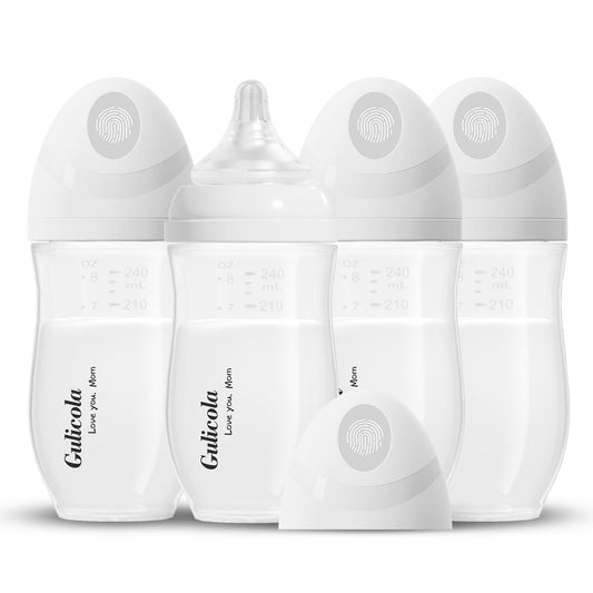 Gulicola PP (NOT Glass) Baby Breastfeeding Bottles, Medium Flow Nipples (M), 3 Months +, Wide Neck, White, 8 oz - 4 Pack