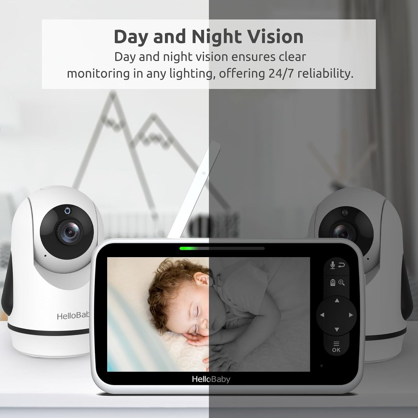 HelloBaby Video Baby Monitor with Upgraded 6” IPS Large Screen, Split Screen with 2 Cameras, Night Vision and Temprature Monitoring, Remote Pan-Tilt-Zoom Camera, No-WiFi