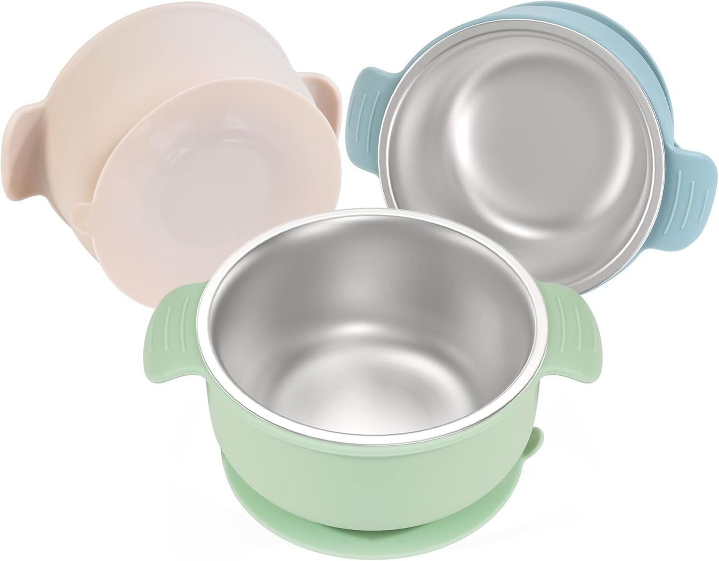 Bella's Friends Stainless Steel and Silicone Baby Bowls with Suction 3 Pack, 4.3” for Toddlers Kids Feeding, Non-Slip, Non-Toxic, Mess-Free, Dishwasher Safe, Fit High Chair Size, beige green blue