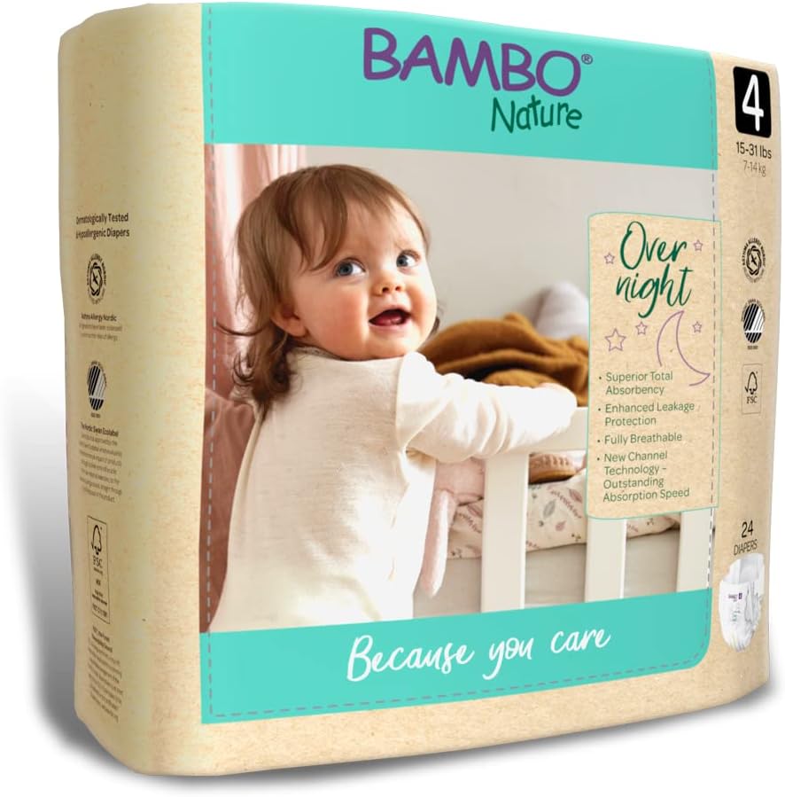 Bambo Nature Overnight Baby Diapers (Size 3 to 6), Size 4, 24 Count
