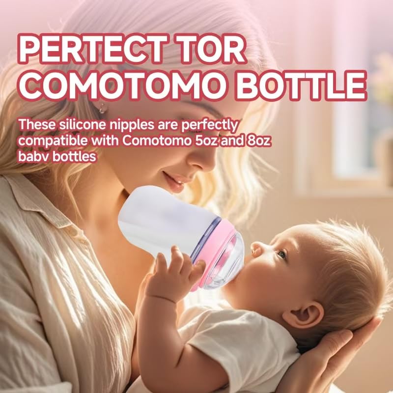 4 Pack Replacement Silicone Nipples Compatible with Comotomo 5oz / 8oz Bottle, Fast Flow, 6+ Months