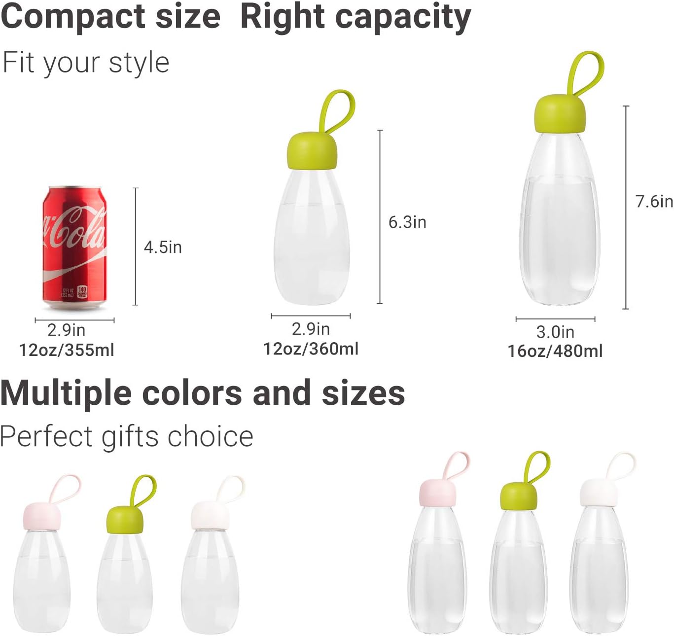 emoi BPA Free Water Bottle, 16oz/480ml Cute Water Bottle with Carrying Strap, Ideal for Kids Boys Girls Students Women Healthy Hydration-Green