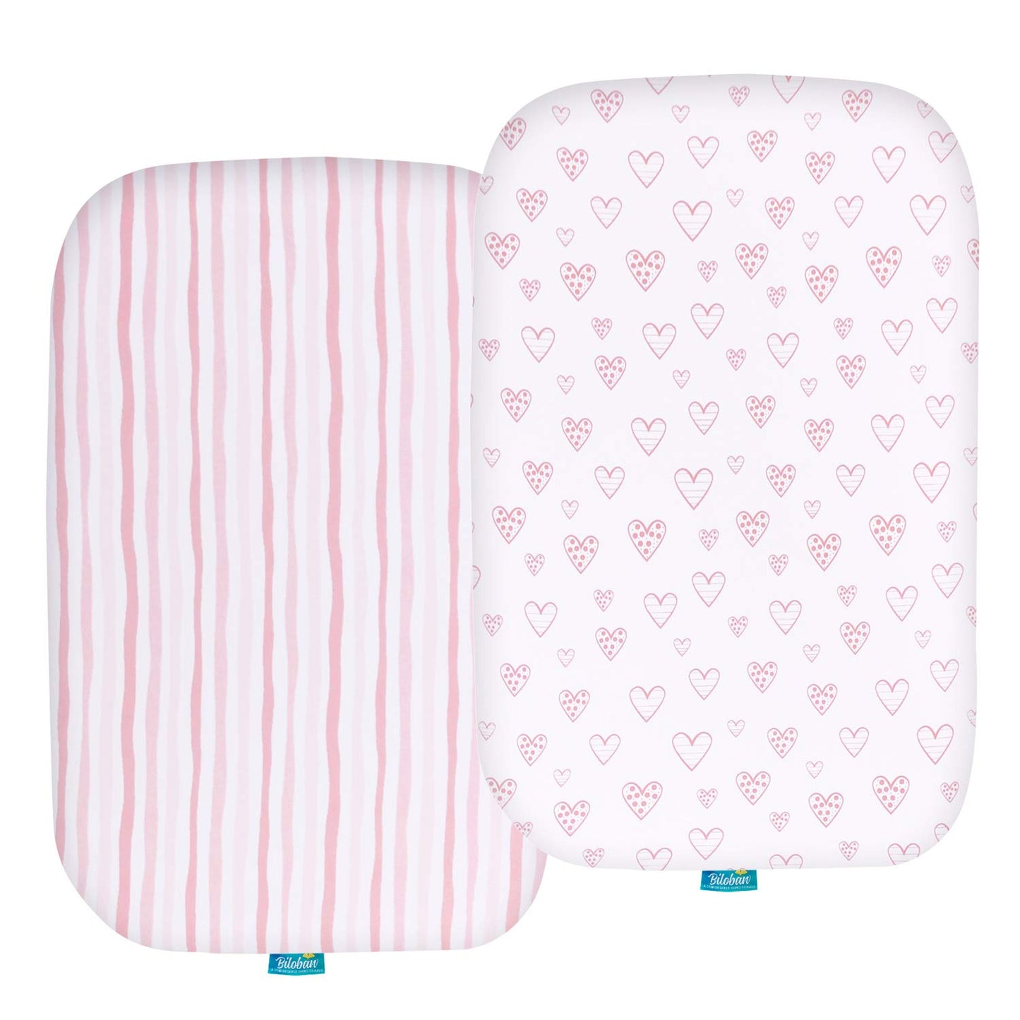 Bassinet Sheets Compatible with BIERUM Baby Bassinet Bedside Sleeper and Mika Micky Bedside Sleeper, (2 Pack), 100% Jersey Knit Cotton Fitted Sheets, Mild Pink Stripes and Hearts Print for Baby Girls