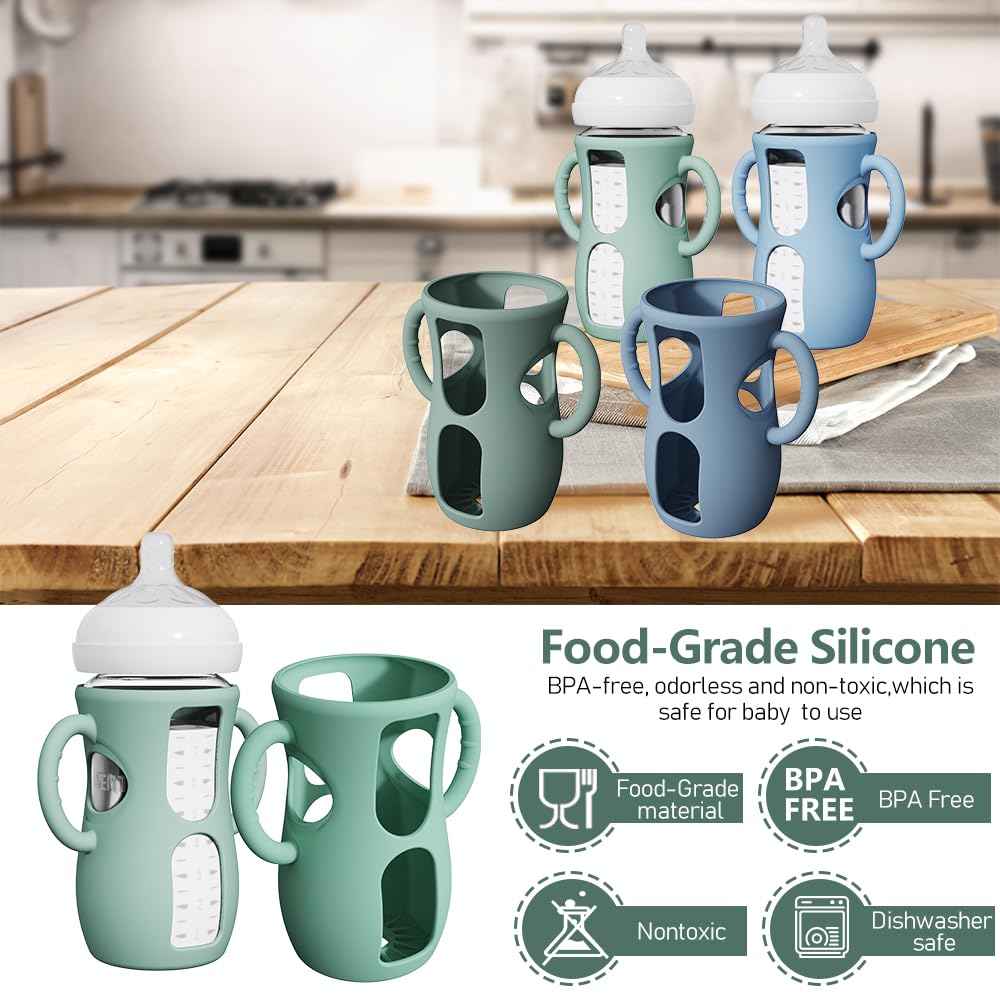 4 Pack Silicone Sleeves for Avent Natural Glass Bottles, Anti Breakage Baby Bottle Protector with Easy-Grip Handle, Compatible Philips Avent Glass Natural Bottle 8 oz, Not for Infant Use