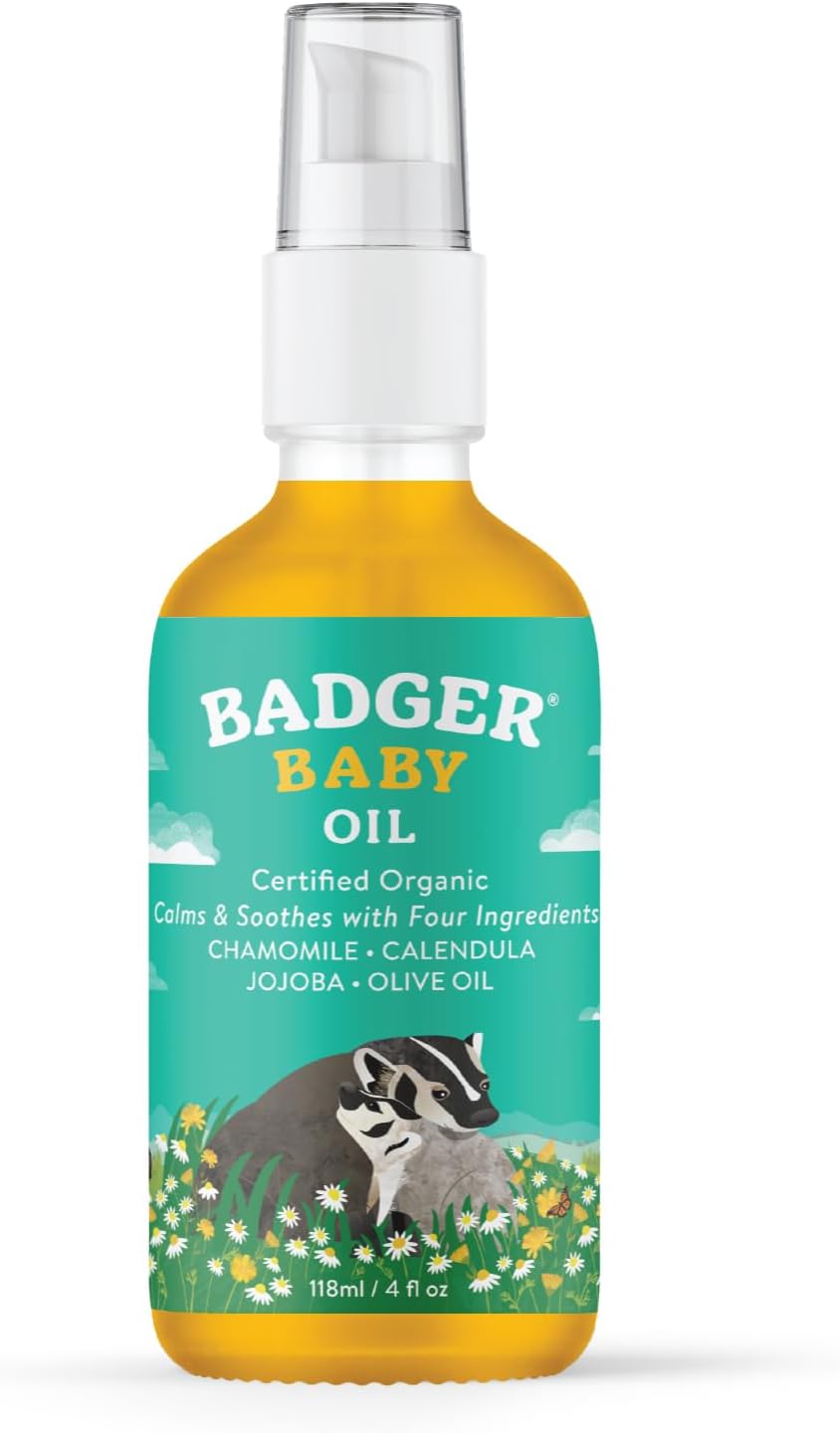 Badger Baby Oil, 100% Organic Ingredients to Soften & Moisturize Dry Skin or Cradle Cap, Soothing Vegan Organic Baby Oil, 4 fl oz Glass Bottle