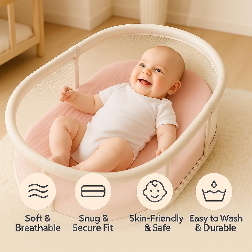 Muslin Bassinet Sheets Set of 2 Pink & Green Bassinet Cover Large Size 33x17 Inches, Soft Breathable Bassinet Mattress Cover, Stay Secure Fit, Gentle on Sensitive Skin, Cute & Vibrant Look