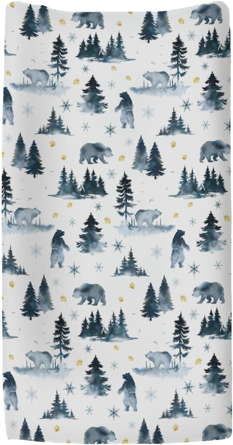Watercolor Bear Winter Changing Pad Covers for Baby Girls Boys Pastel Bear Pine Trees Snowflakes Tracks Fitted Change Table Pad Mats Wild Animals Adventure Soft Diaper Changing Pad Sheets 32''×16''