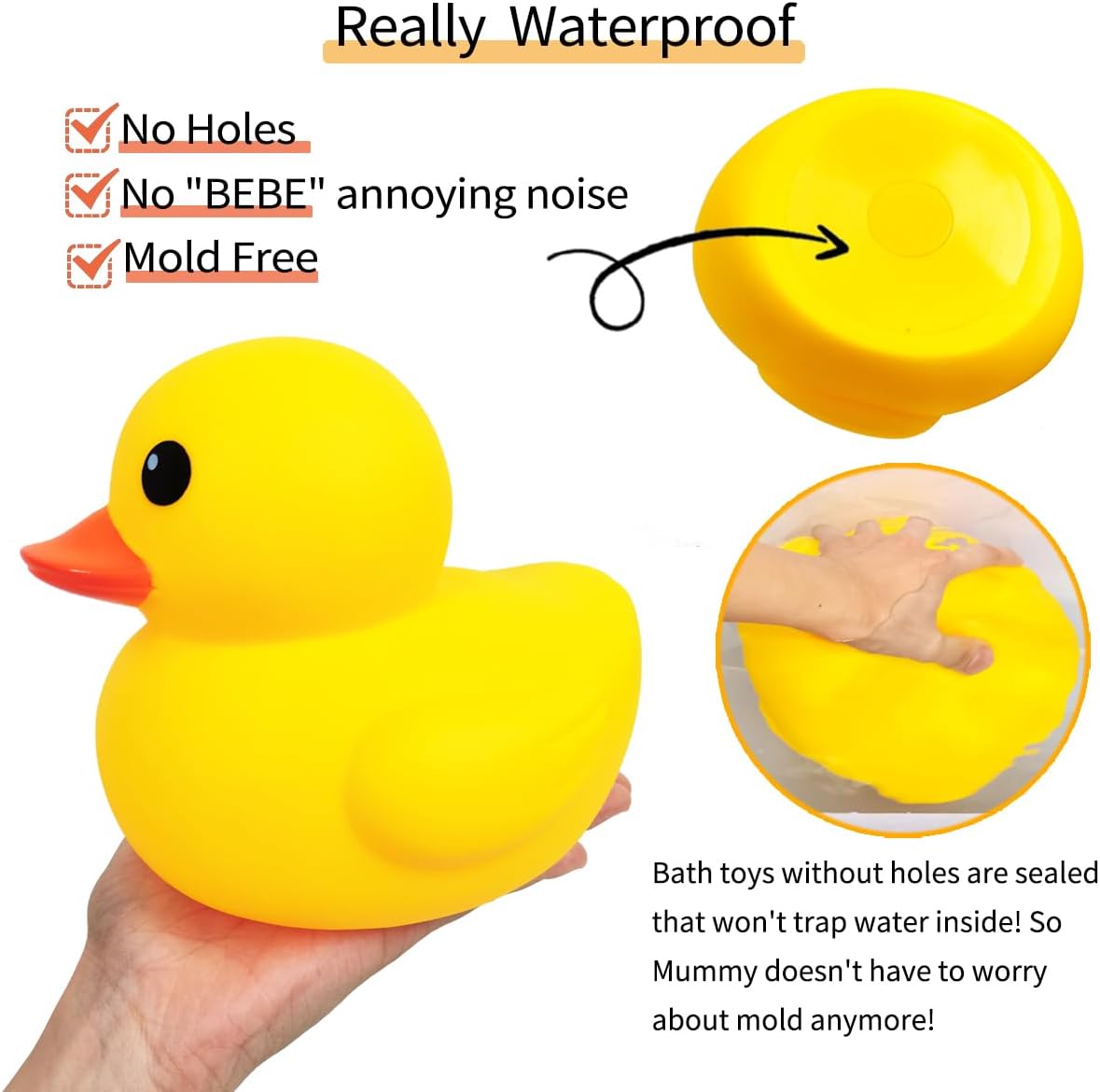 4 Pcs Big Rubber Yellow Duck,Kalafona 7 Inch Giant Large Waterproof No 'Bebe' Noise No Hole No Squeak Rubber Funny Duck Bath Pool Toy Without Hole for Kids Birthday Party Favor Home Decor