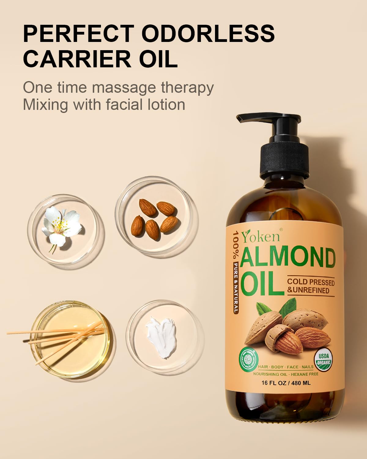 Organic Almond Oil 16 fl oz, USDA 100% Pure Cold Pressed Almond Oils in Glass Bottle, Natural Moisturizer for Face, Hair & Body, Ideal Carrier Oil for Skin Care, DIY Beauty & Soothing Massage