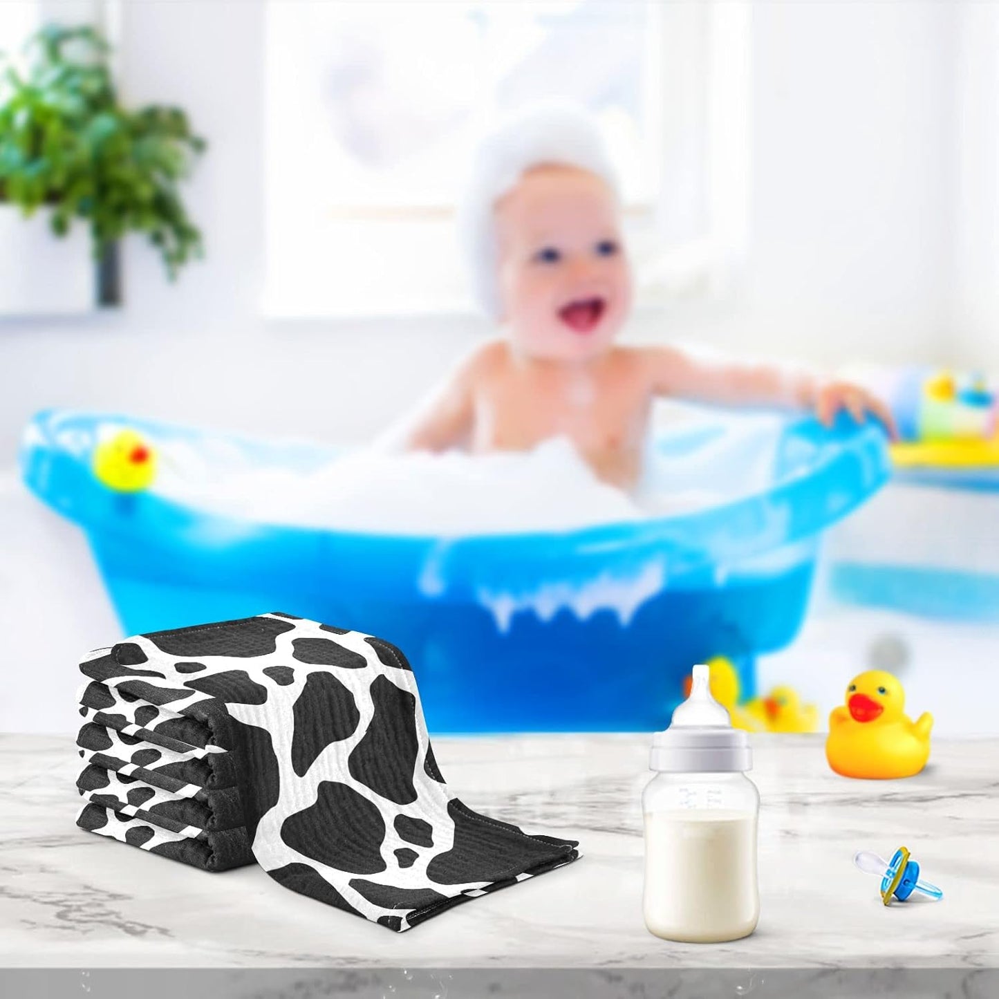 Black White Cow Print Baby Muslin Washcloths Cow Skin Burp Cloths Soft Absorbent Baby Wash Cloth Fingertip Face Towels for Newborn Boys Girls 12 x 12 in, 3 Pack