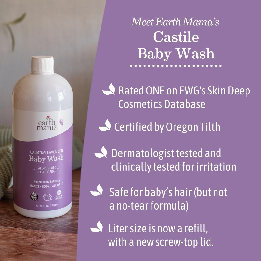 Earth Mama Calming Lavender Baby Wash Liquid Hand Soap Refill, Organic Body Wash for Sensitive Skin, All Purpose Castile Soap Liquid with Coconut Oil, Shea Butter, Calendula & Aloe, 34 fl oz